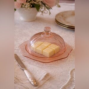 Vintage Pink Depression Glass Domed Butter Dish Scroll Floral Unique Fairy Lamp